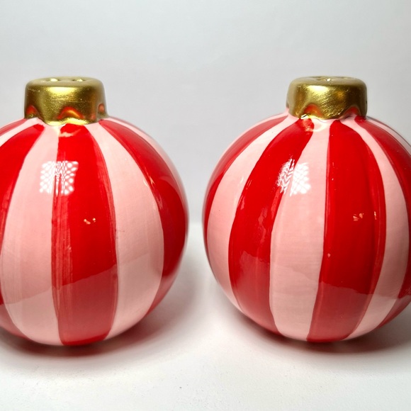 Ceramic Christmas Pink & Red Stripes Ball Ornament Salt & Pepper Shakers - Picture 6 of 8